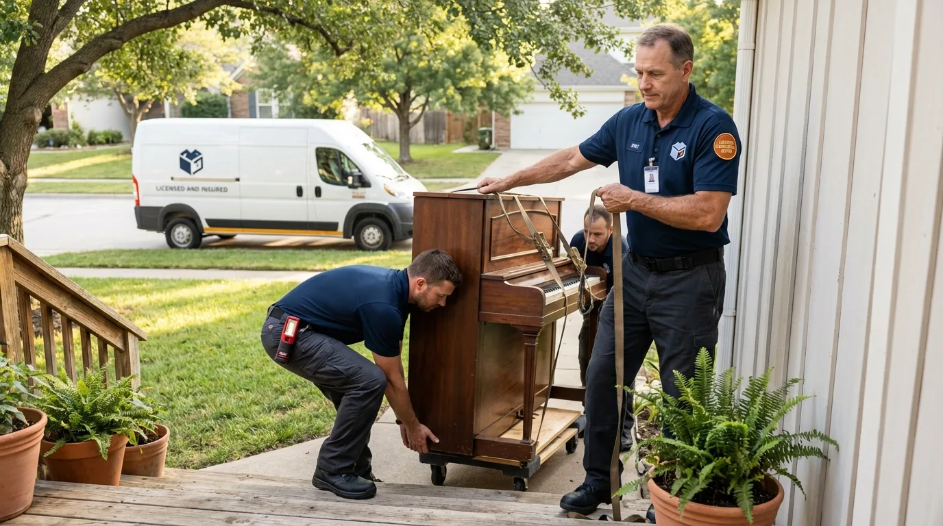 Licensed piano movers securing grand piano in Atglen, PA