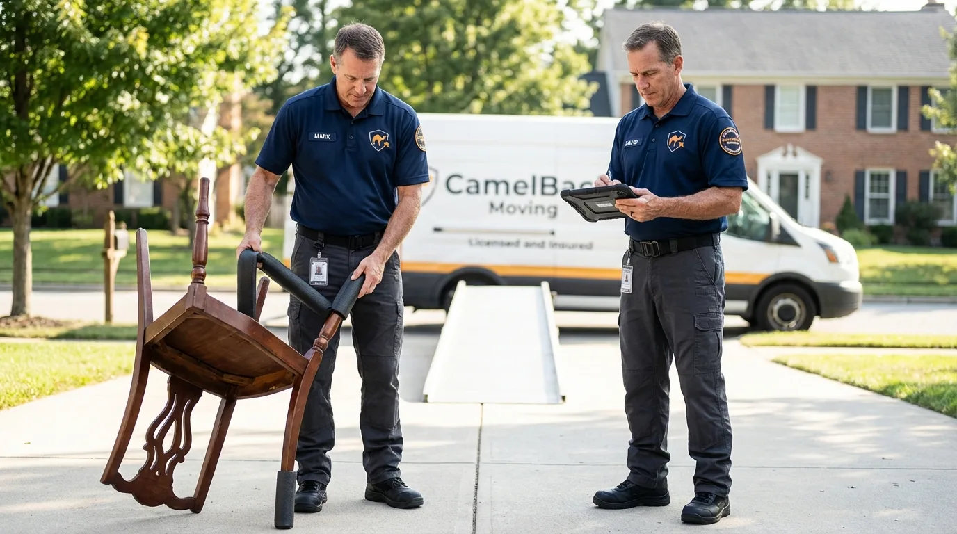 Movers inspecting furniture for damage prevention before loading in Atglen, PA